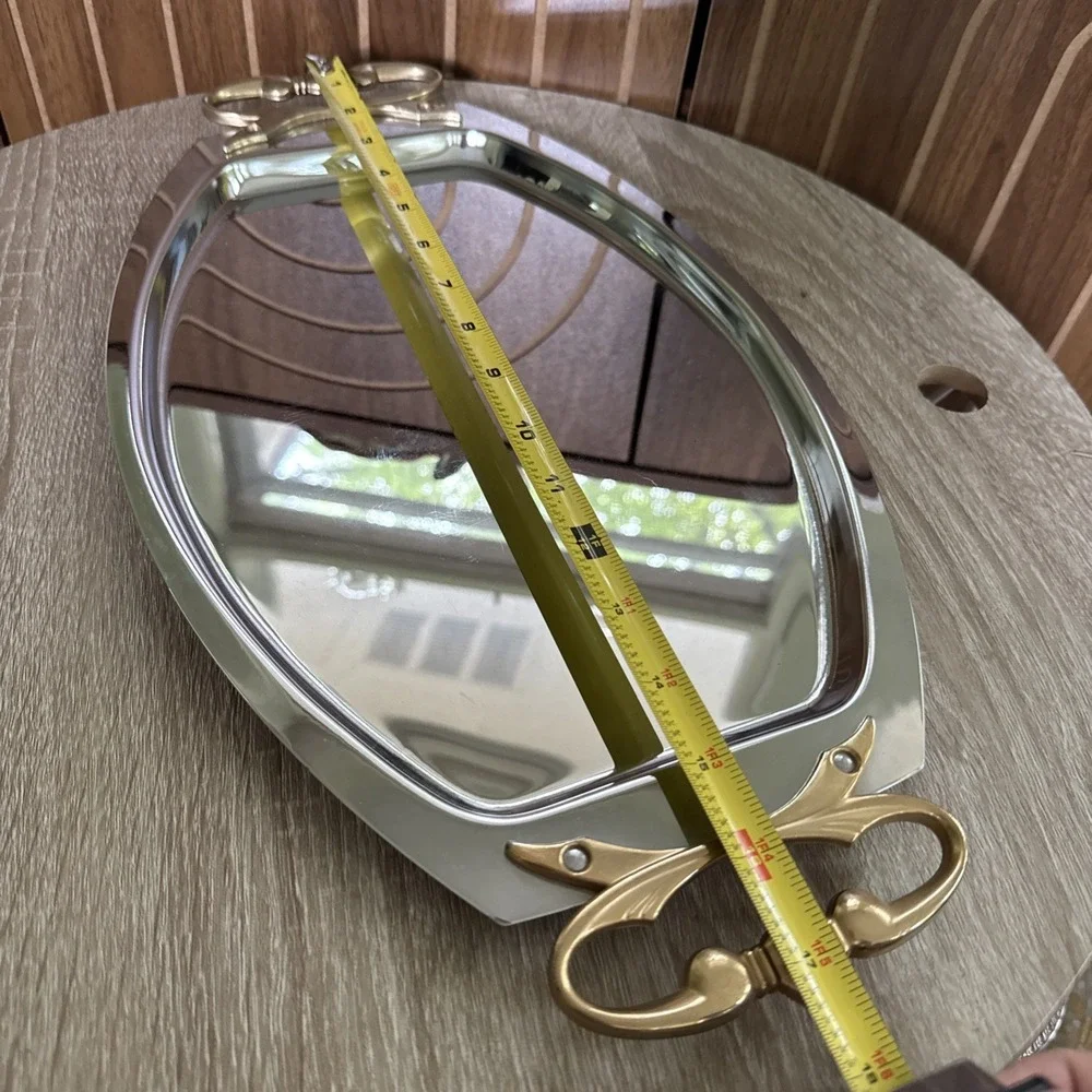Vintage Kromex Serving Tray Gold Handle Chrome Plated Platter 17